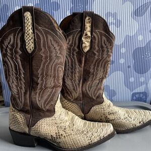 JB Dillon Python Skin and Brown Leather Snip Toe Cowboy Boots, Men's 7.5D